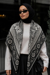Osmanlı Motif Desen Siyah-Bej Soft Fular Eşarp 90x90 cm