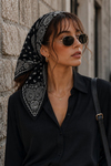 Paisley Desen Siyah-Gümüş Soft Bandana Fular 50x50 cm