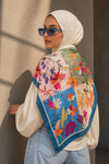 Patchwork Çiçek Bahçesi Desen Mavi-Pudra Soft Fular Eşarp 90x90 cm