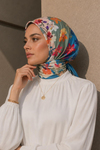 Patchwork Çiçek Bahçesi Desen Mavi-Pudra Soft Fular Eşarp 90x90 cm