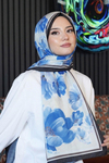 Şakayık Desen Mavi Soft Pamuk Şal 