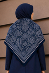 Şal Desen Lacivert-Krem Soft Fular Eşarp 90x90 cm