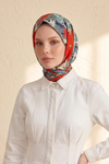 Şato Bahçe Desen Kırmızı-Mavi Soft Fular Eşarp 90x90 cm