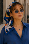Soyut Çiçek Desen Saks Mavi-Turuncu Soft Bandana Fular 50x50 cm