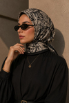 Tropik Desen Siyah-Krem Soft Fular Eşarp 90x90 cm