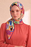 Tropikal Kolaj Desen Fuşya-Turuncu Soft Fular Eşarp 90x90 cm