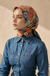 Vintage Çiçek Desen Turuncu-Lacivert Soft Fular Eşarp 90x90 cm