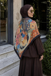 Vintage Çiçek Desen Turuncu-Lacivert Soft Fular Eşarp 90x90 cm