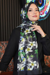 Yapraklı Çiçek Desen Yeşil Soft Pamuk Şal