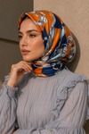 Zincir Desen Saks-Turuncu Soft Fular Eşarp 90x90 cm