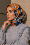 Zincir Desen Saks-Turuncu Soft Fular Eşarp 90x90 cm