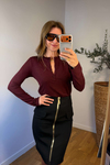 Bordo Düğmeli Uzun Kol Örme Bluz