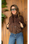 Çift sıra düğmeli funnel neck/dik yaka süet mont
