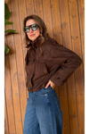 Çift sıra düğmeli funnel neck/dik yaka süet mont