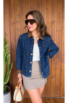 Kadife Yaka Garnili Kadın kot - denim ceket