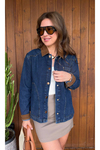 Kadife Yaka Garnili Kadın kot - denim ceket