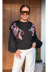 Kadın Nakışlı Poplin Balon Kollu Örme Bluz/Sweatshirt