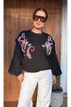 Kadın Nakışlı Poplin Balon Kollu Örme Bluz/Sweatshirt