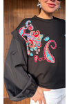 Kadın Nakışlı Poplin Balon Kollu Örme Bluz/Sweatshirt