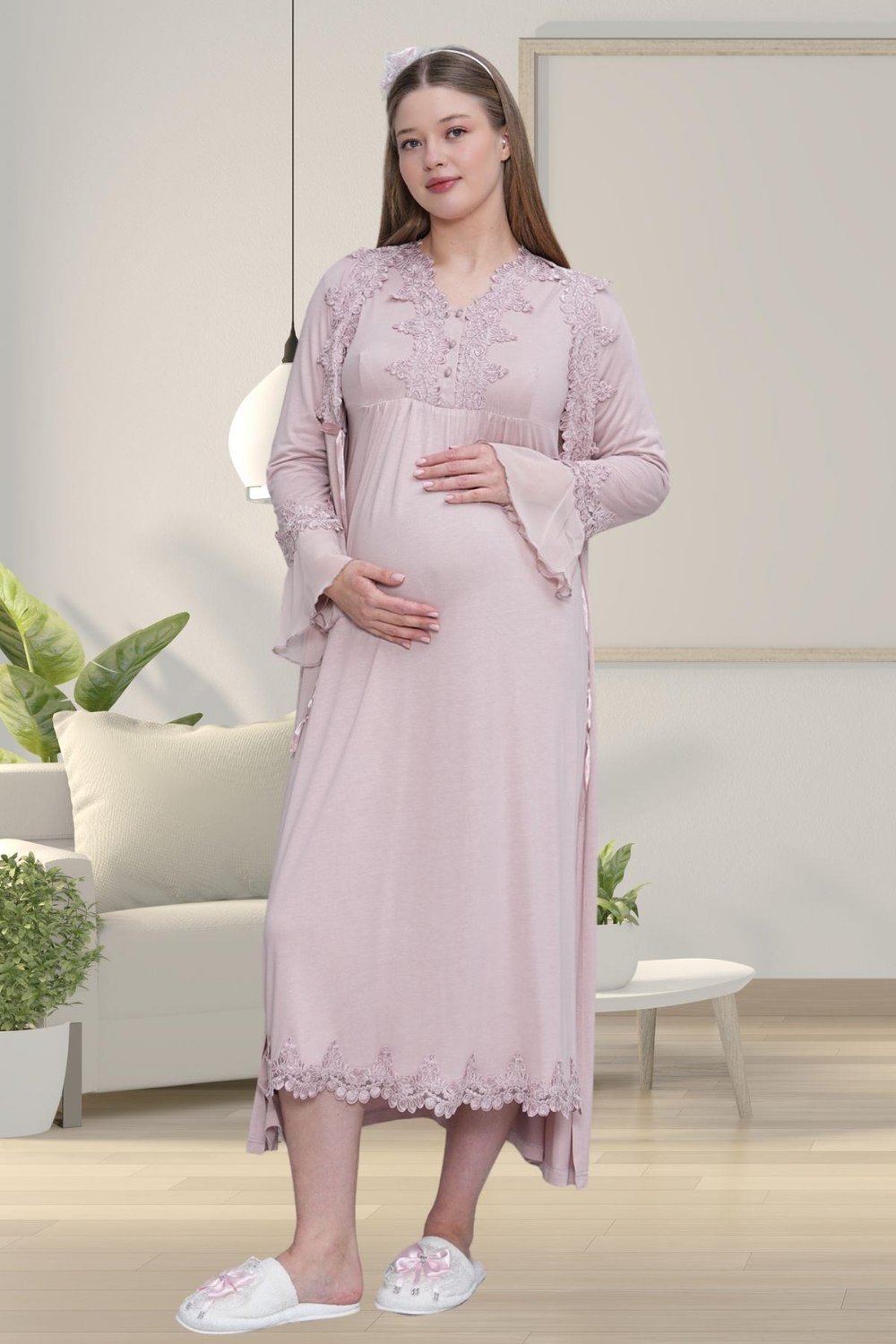 Mecit PijamaMecit 1518 Gül Kurusu Sabahlıklı Lohusa Gecelik Takım