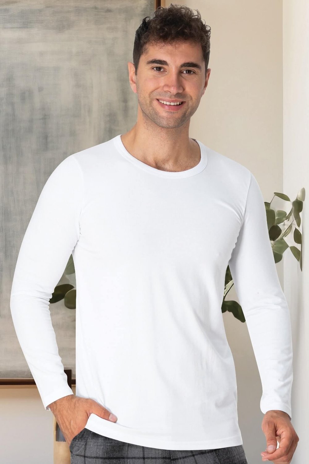 Mecit 2850 Beyaz Bisiklet Yaka Uzun Kollu Likralı Pamuk Erkek Tişört