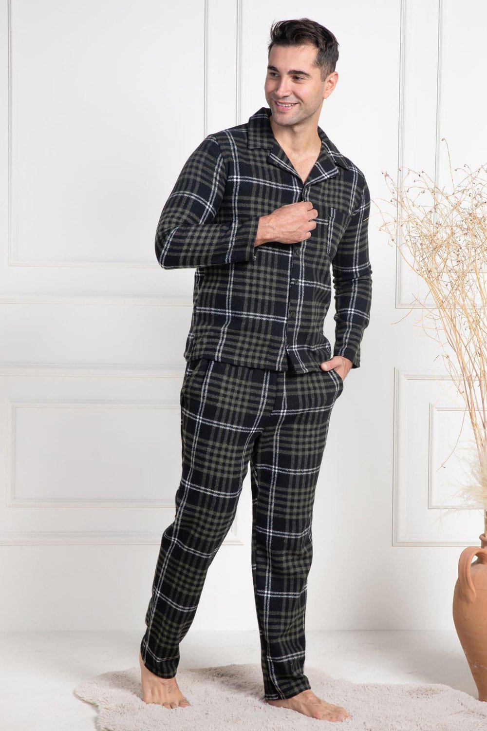 Mecit PijamaMecit 2950 Yeşil Ekoseli Büyük Beden Kışlık Erkek Pijama Takımı