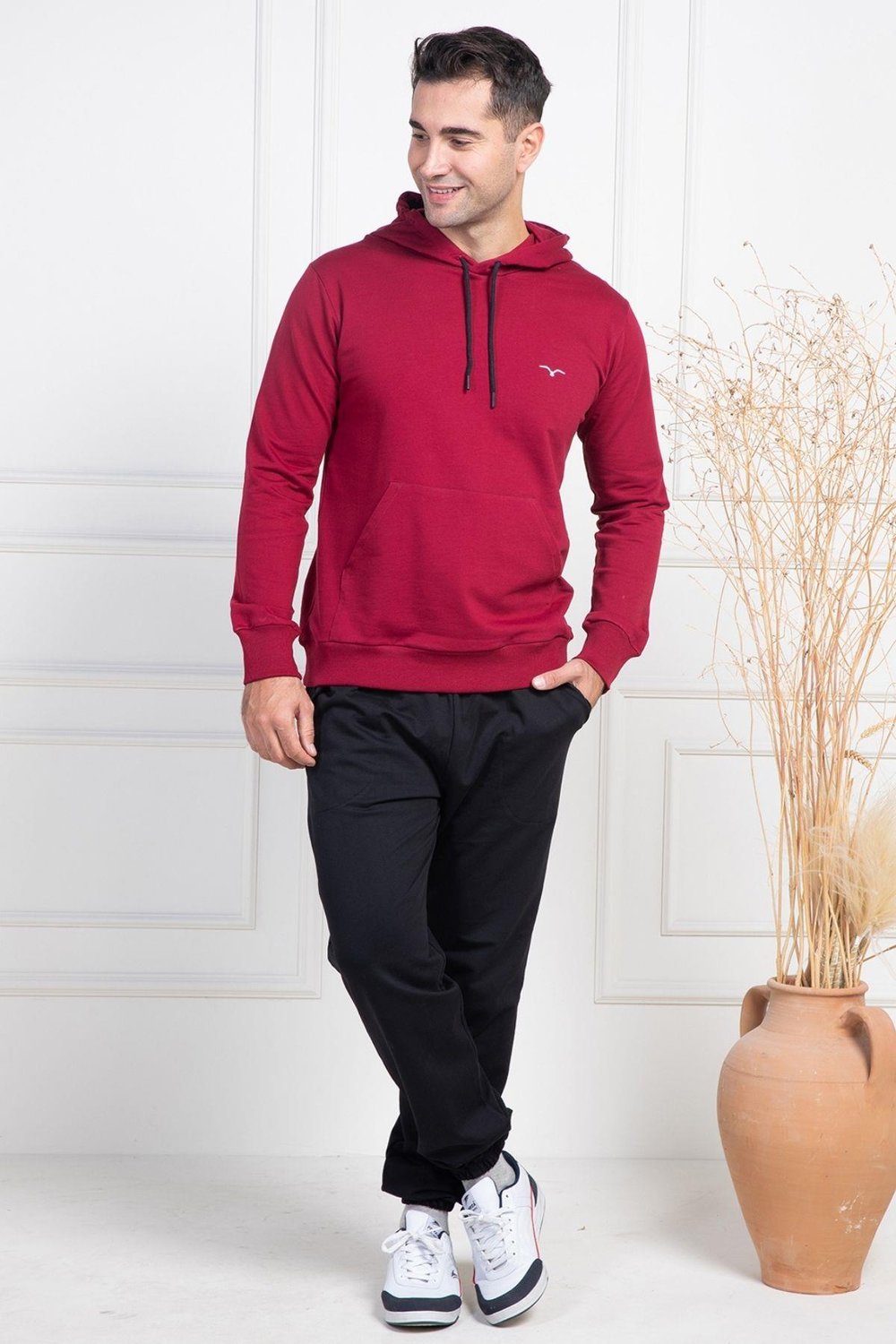 Mecit PijamaMecit 2975 Bordo %100 Pamuk Kapüşonlu Spor Model Büyük Beden Erkek Pijama Takımı