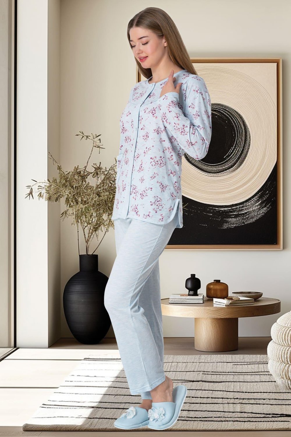 Mecit 5737 Mavi Kadın Boydan Düğmeli Büyük Beden Pijama Takımı