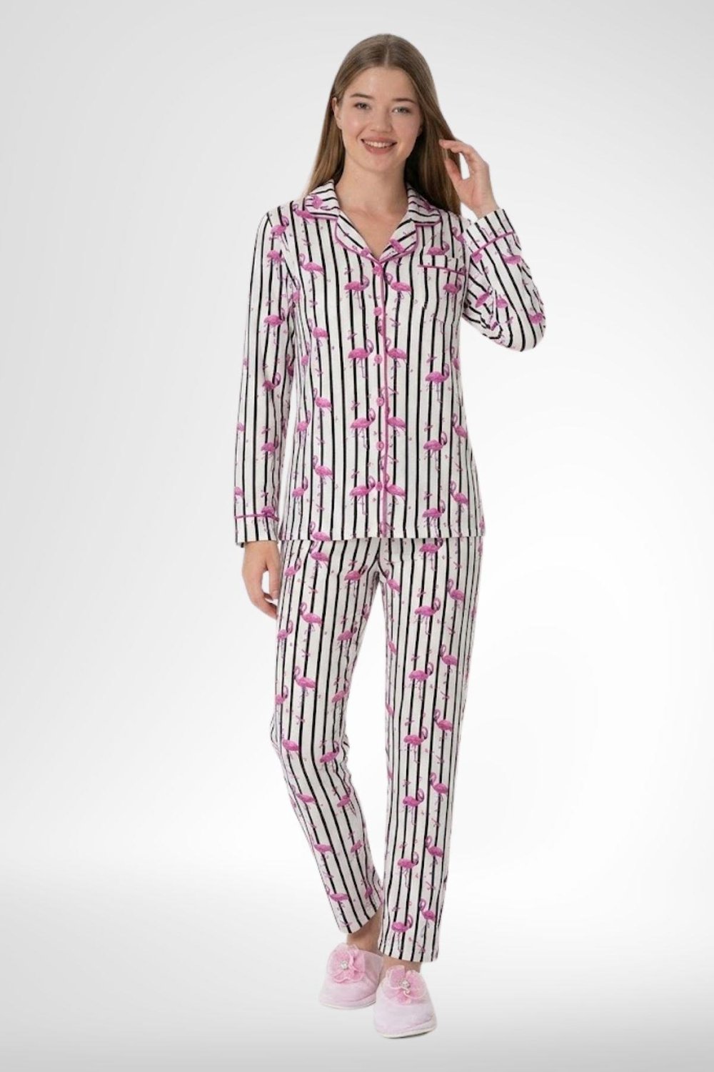 MECİT PİJAMAMecit 5923 Flamingo Desenli Boydan Düğmeli Kadın Pijama Takımı