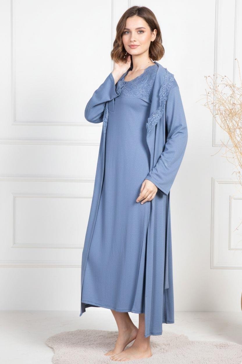 MECİT PİJAMAMecit 6156 İndigo Kadın Büyük Beden Sabahlıklı Gecelik Takım