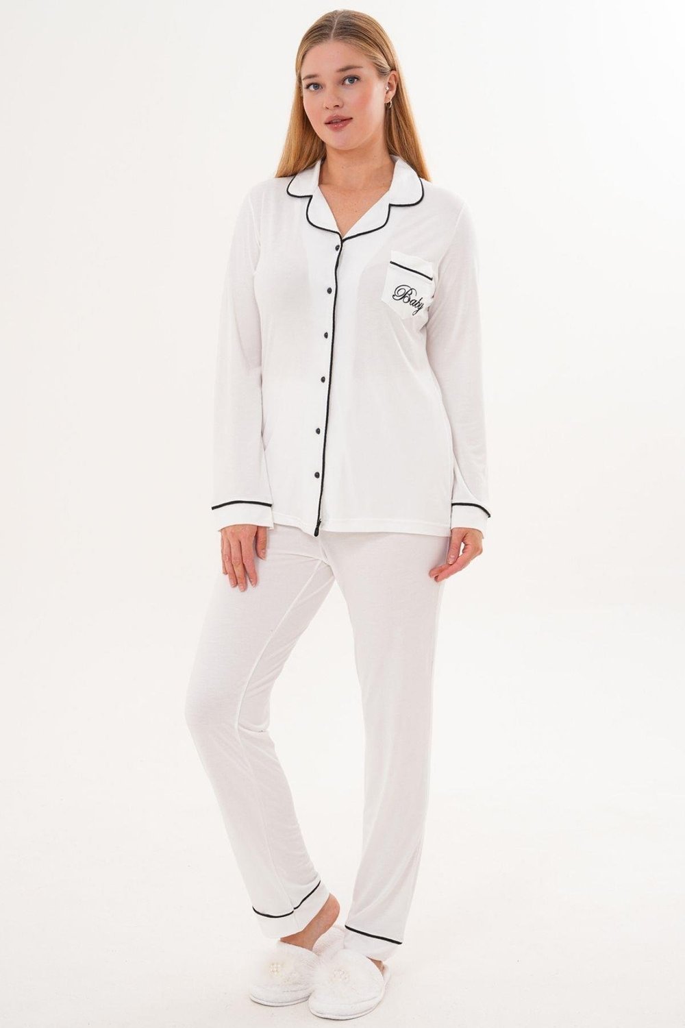 MECİT PİJAMAMecit 6307 Ekru Boydan Düğmeli Kadın Pijama Takımı