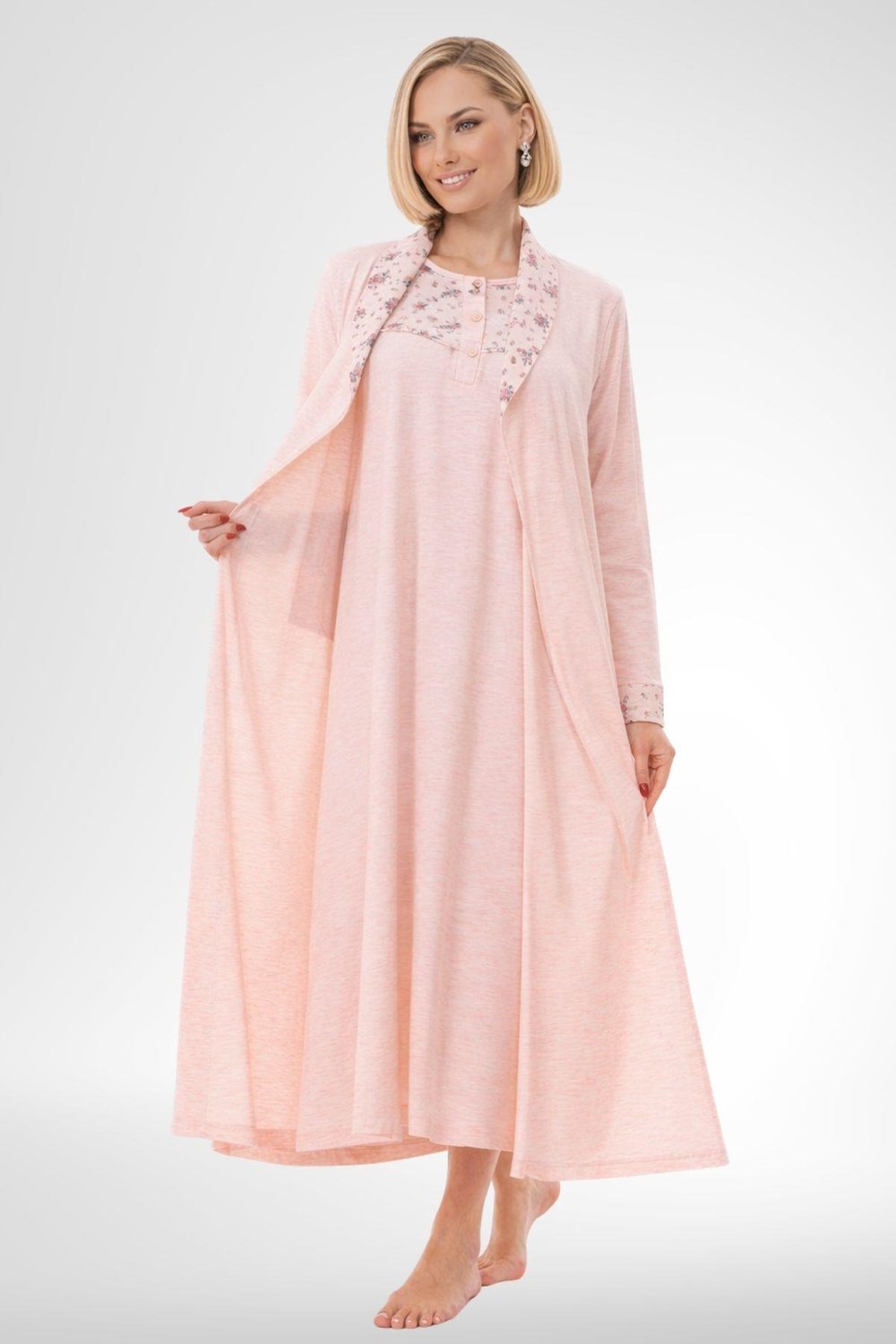 MECİT PİJAMAMecit 6313 Pudra Kadın Büyük Beden Sabahlıklı Gecelik Takım