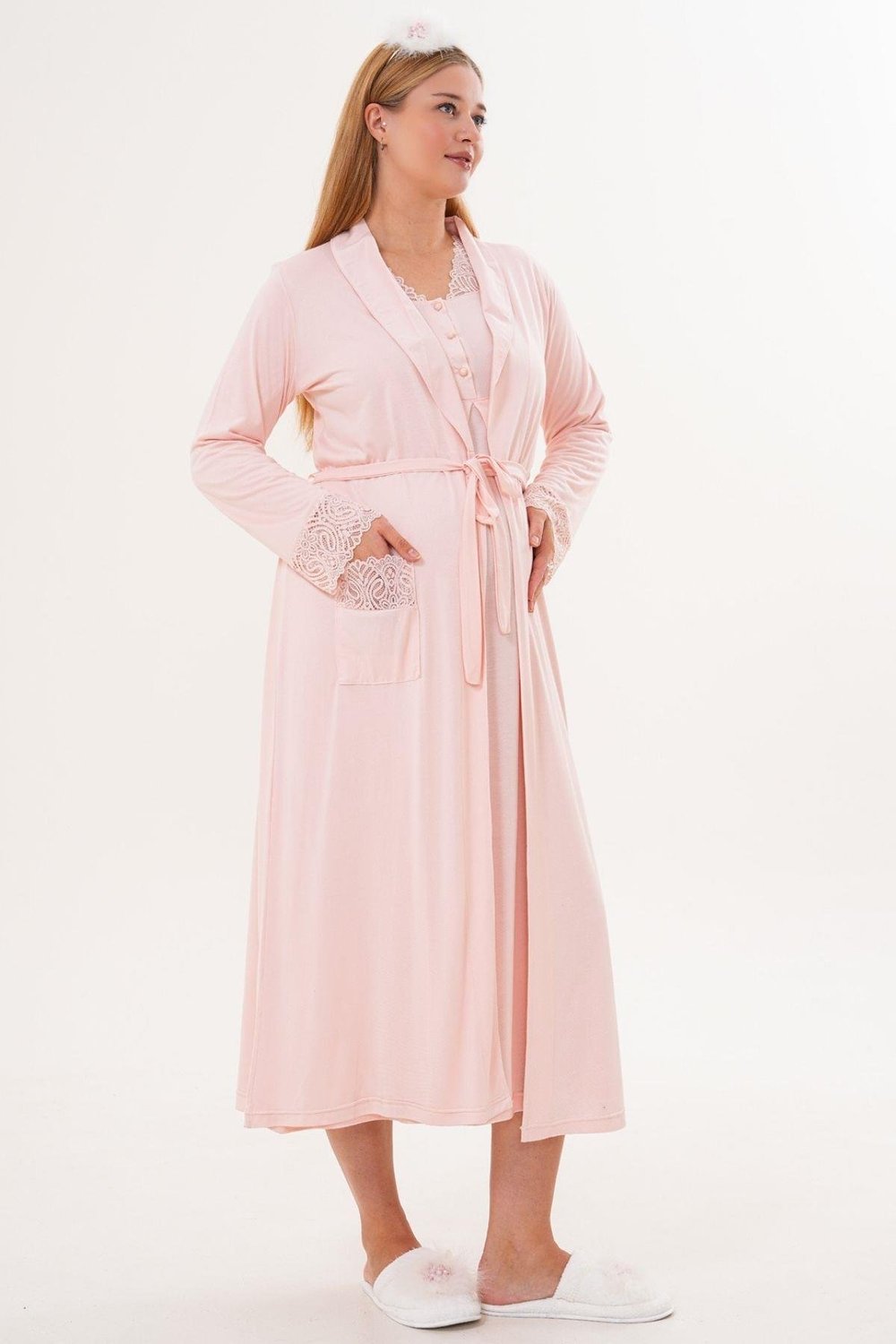 MECİT PİJAMAMecit 6331 Pudra Sabahlıklı Lohusa Gecelik Takım