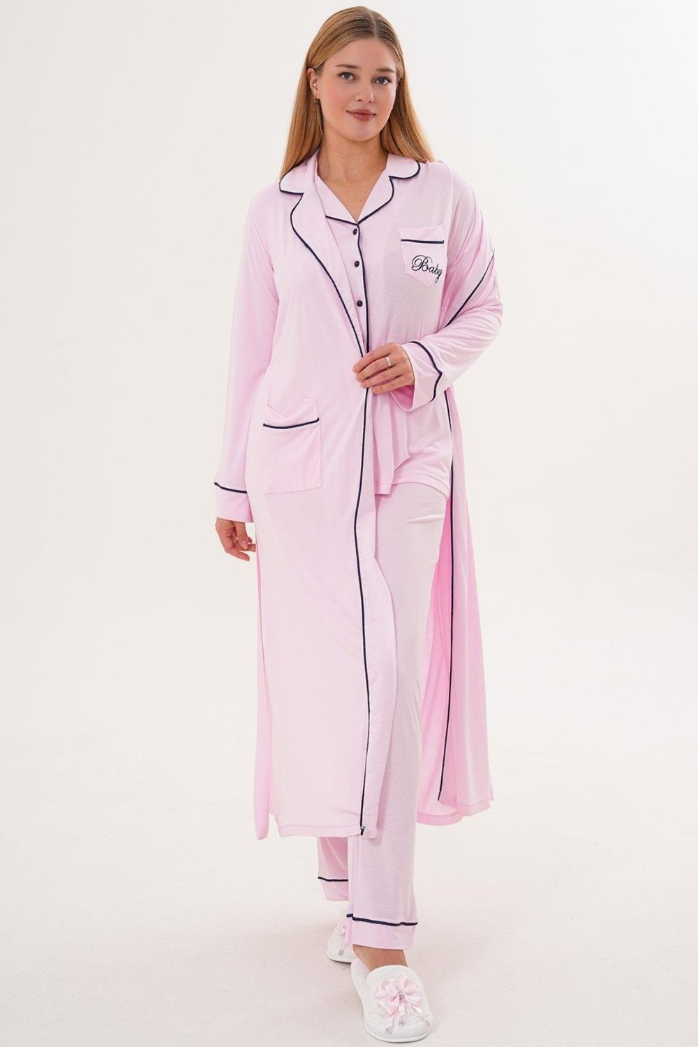 MECİT PİJAMAMecit 6333 Pembe Kadın Sabahlık ve Boydan Düğmeli Pijama Takımı