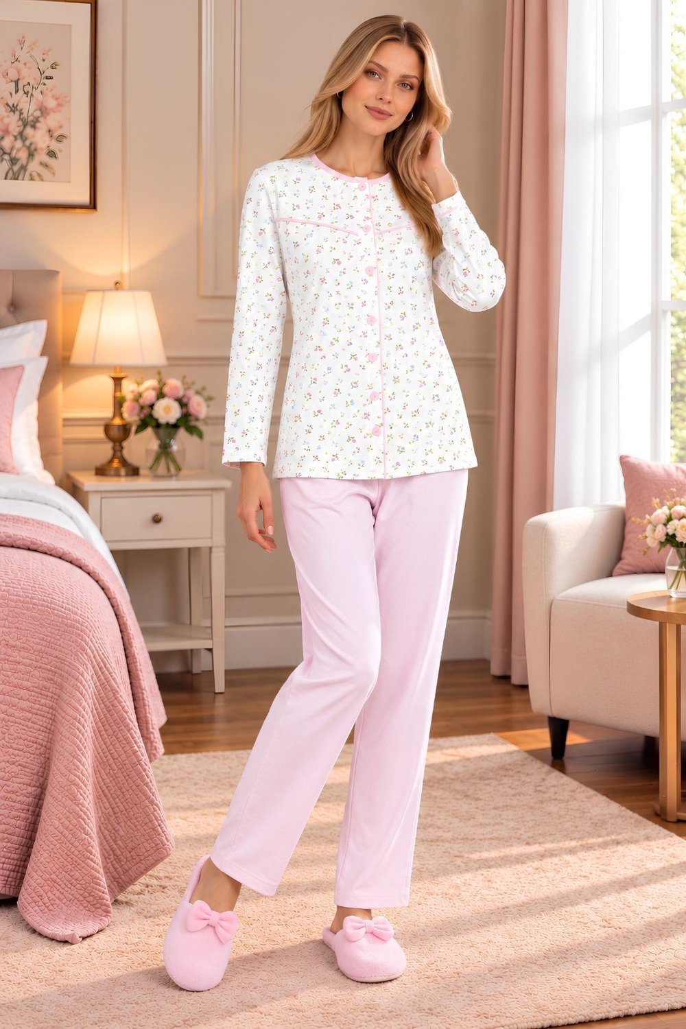 MECİT PİJAMAMecit 6362 Pembe %100 Pamuk Boydan Düğmeli Büyük Beden Kadın Pijama Takımı
