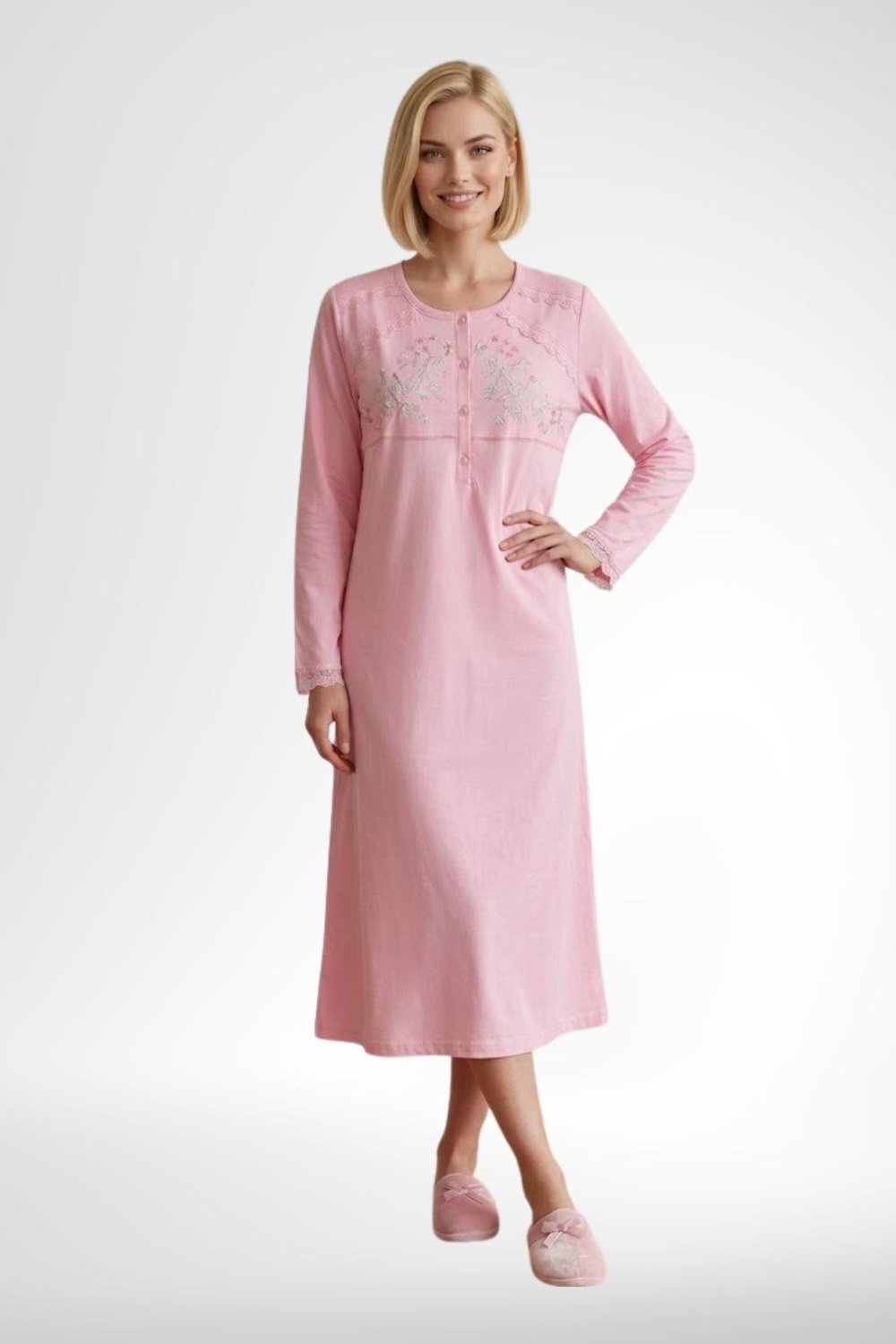 MECİT PİJAMAMecit 6373 Pembe Kadın %100 Pamuk Uzun Kollu Gecelik