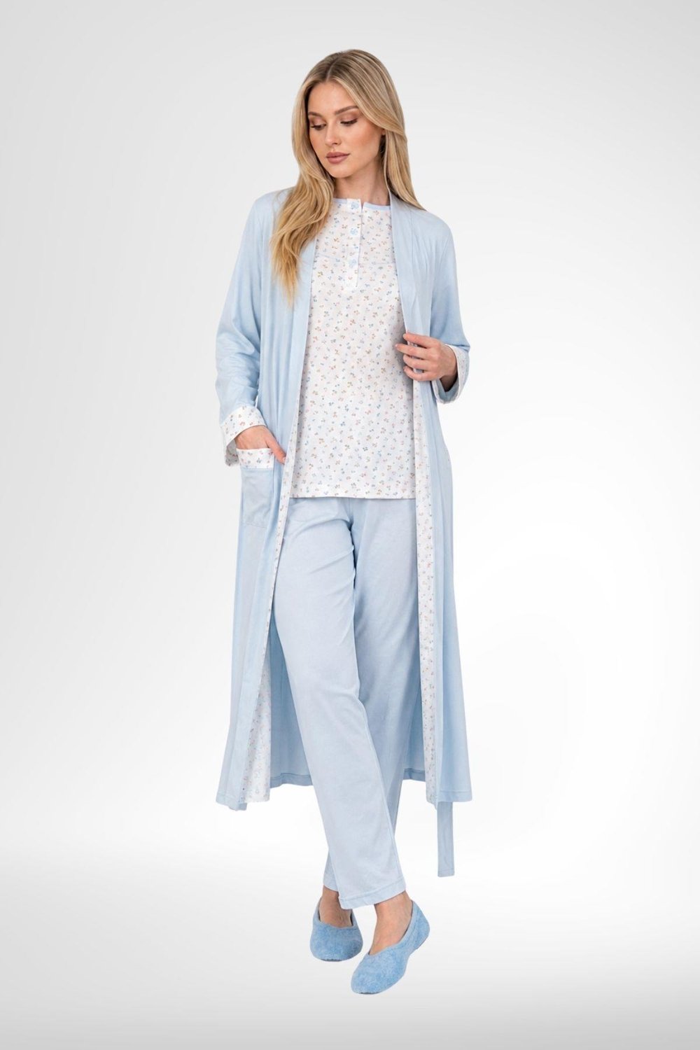 MECİT PİJAMAMecit 6397 Mavi Kadın Uzun Sabahlıklı Pijama Takımı