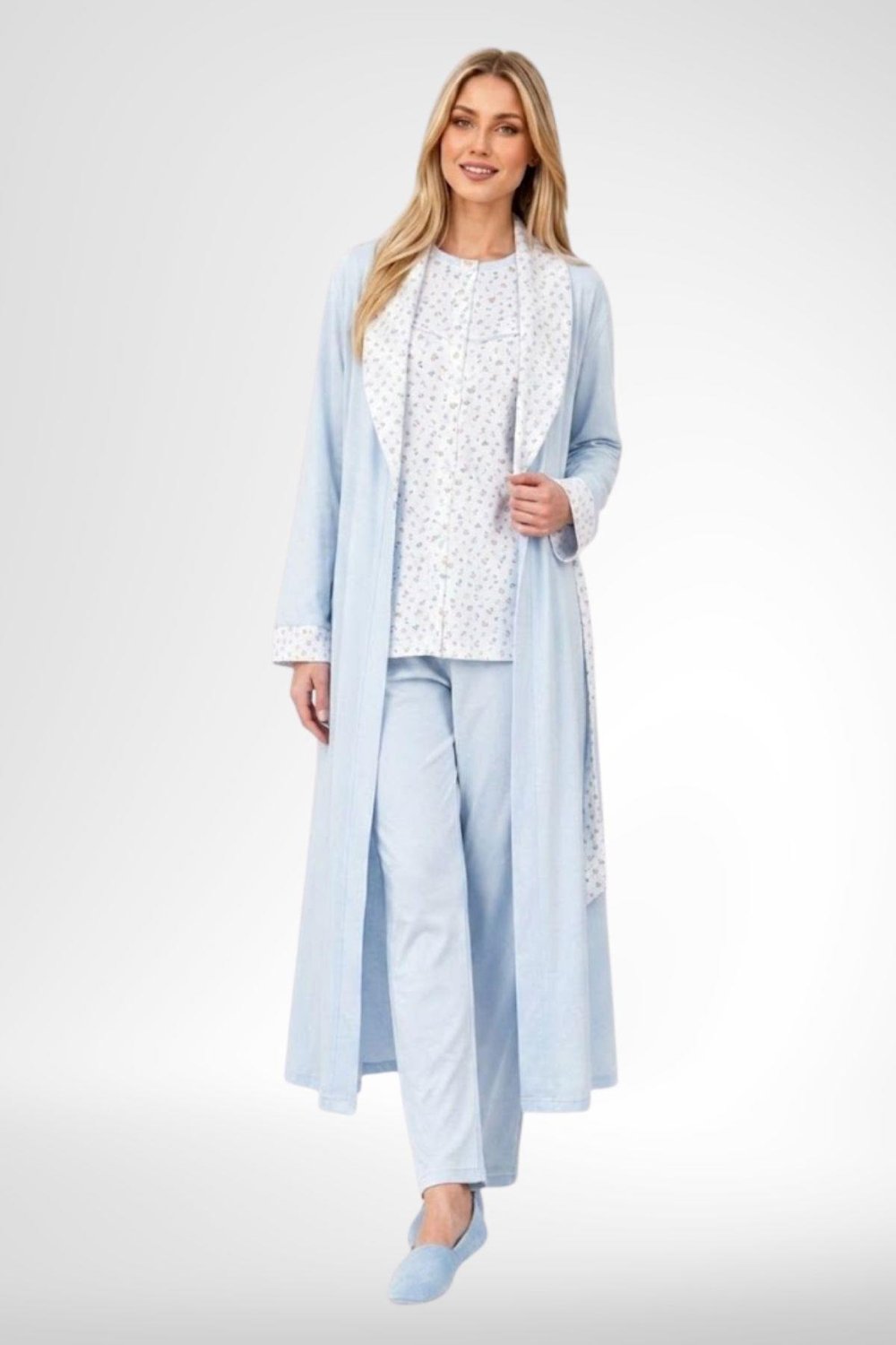 MECİT PİJAMAMecit 6398 Mavi Kadın Uzun Sabahlıklı Boydan Düğmeli Pijama Takımı