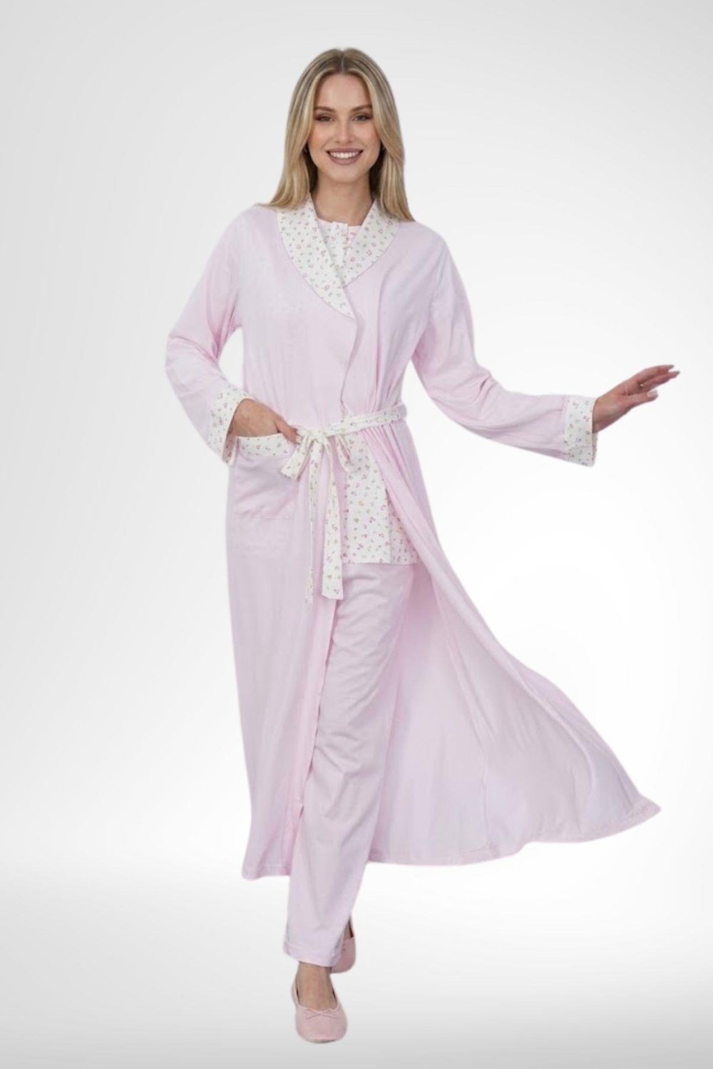 MECİT PİJAMAMecit 6398 Pembe Kadın Uzun Sabahlıklı Boydan Düğmeli Pijama Takımı