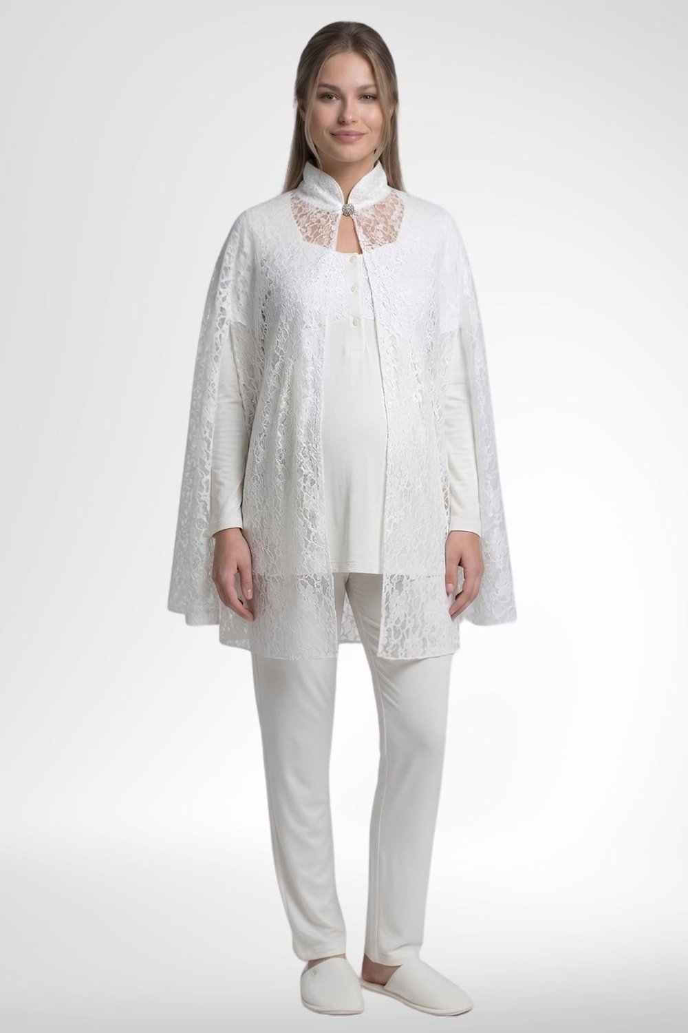 MECİT PİJAMAMecit 6402 Elegant Ekru Dantel Pelerinli Lohusa Pijama Takımı