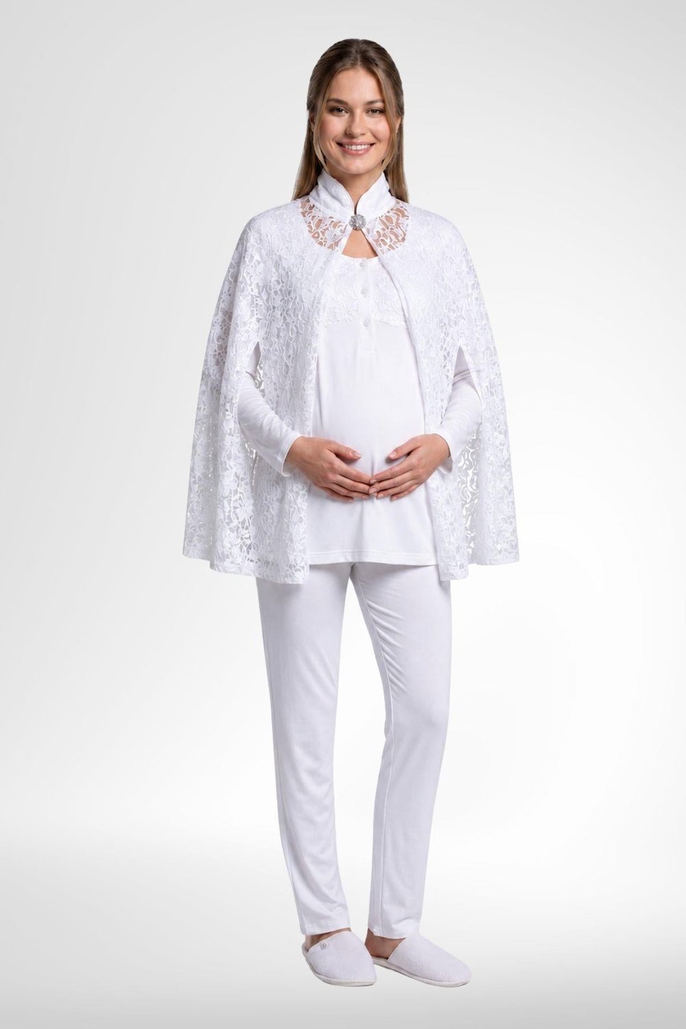 MECİT PİJAMAMecit 6402 Elegant Ekru Dantel Pelerinli Lohusa Pijama Takımı