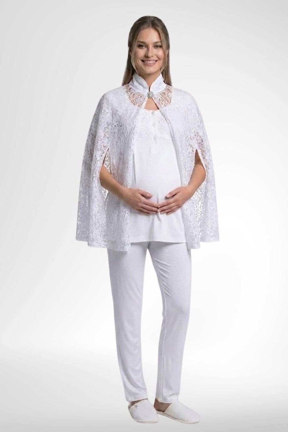 MECİT PİJAMAMecit 6402 Elegant Ekru Dantel Pelerinli Lohusa Pijama Takımı