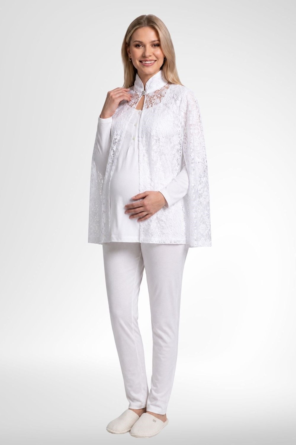 MECİT PİJAMAMecit 6402 Elegant Ekru Dantel Pelerinli Lohusa Pijama Takımı