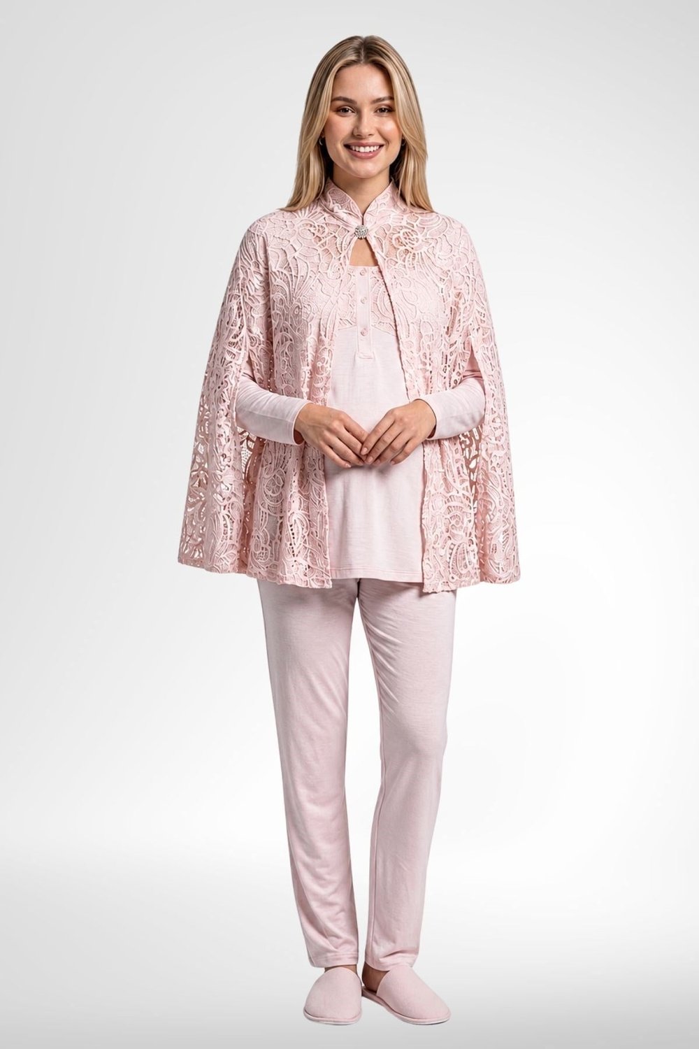 MECİT PİJAMAMecit 6402 Elegant Pudra Pembe Dantel Pelerinli Lohusa Pijama Takımı