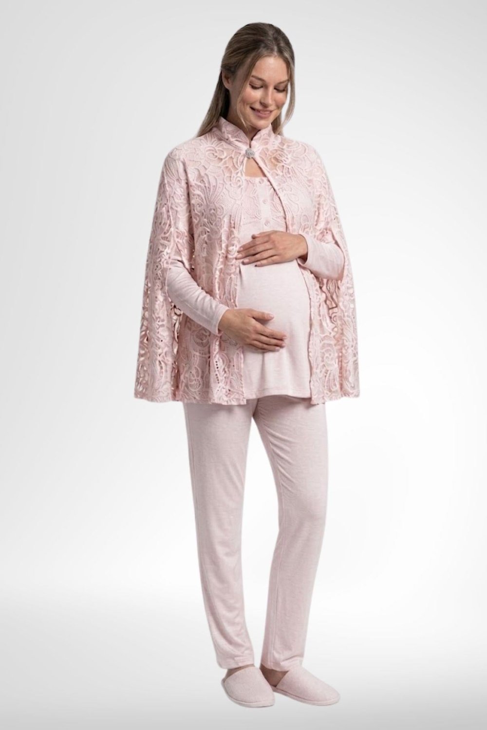 MECİT PİJAMAMecit 6402 Elegant Pudra Pembe Dantel Pelerinli Lohusa Pijama Takımı