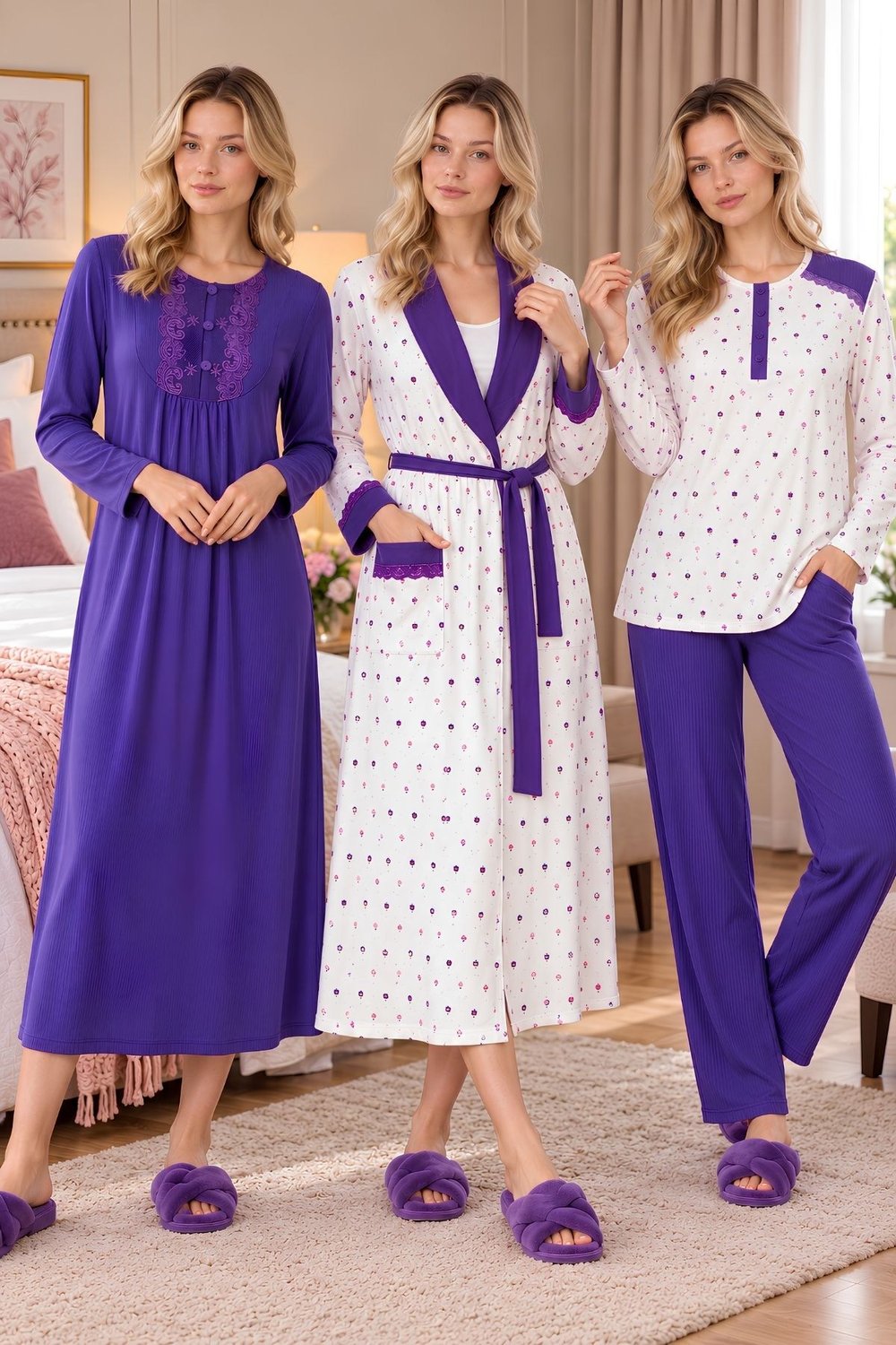 MECİT PİJAMAMecit 6415 Mor Kadın Büyük Beden Sabahlık Pijama Gecelik Set