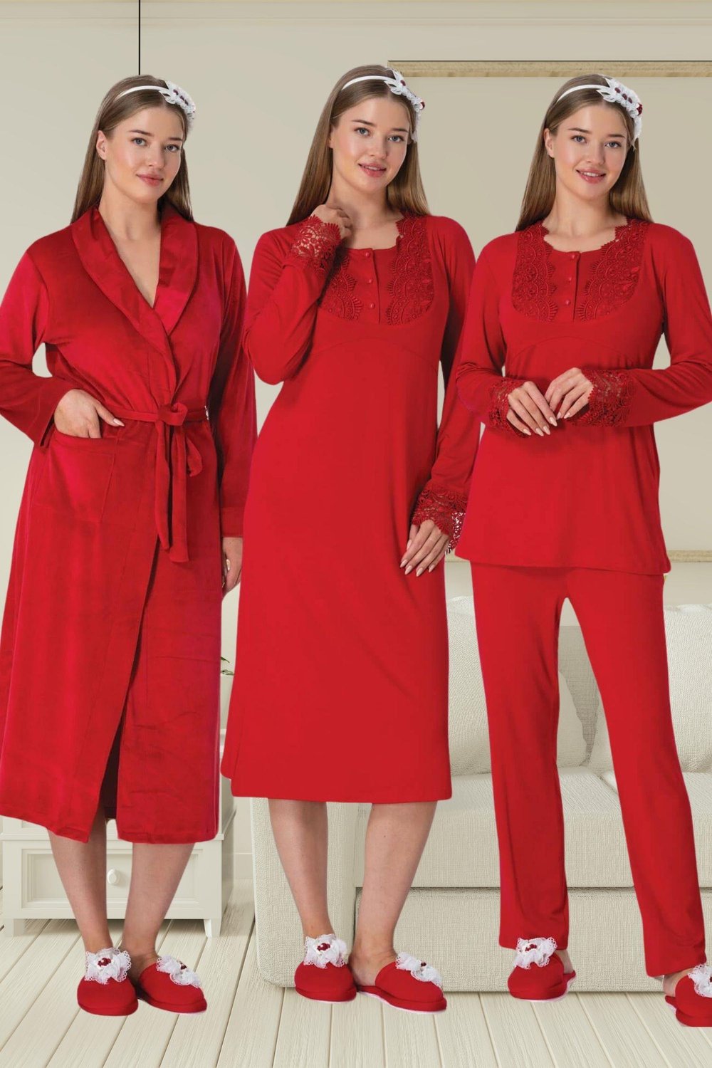 MECİT PİJAMAMecit 6500 Kırmızı Kadife Sabahlıklı Gecelik Pijama Lohusa Set