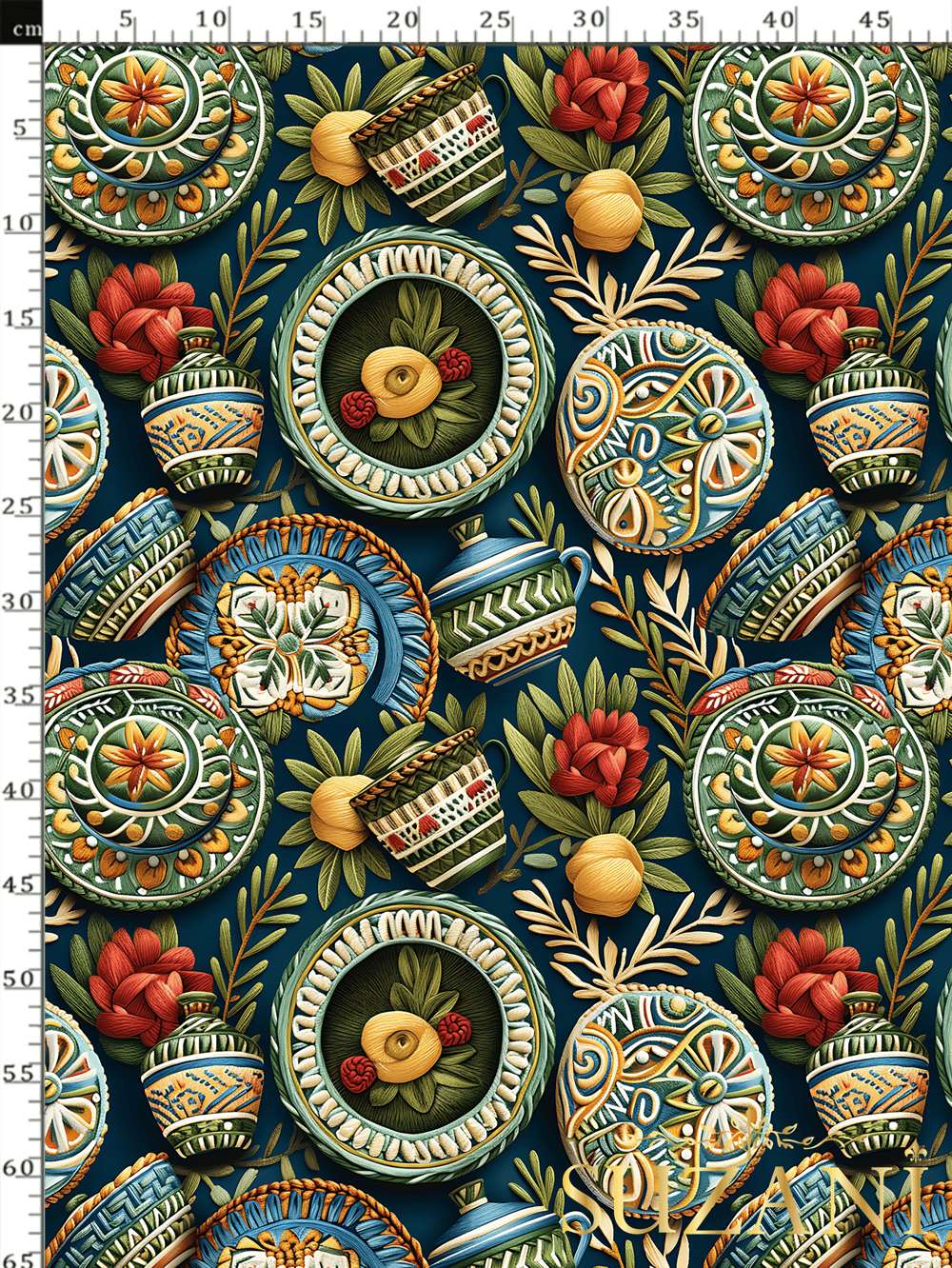 3D Çini Tabağı Desenli Dijital Baskılı Kumaş