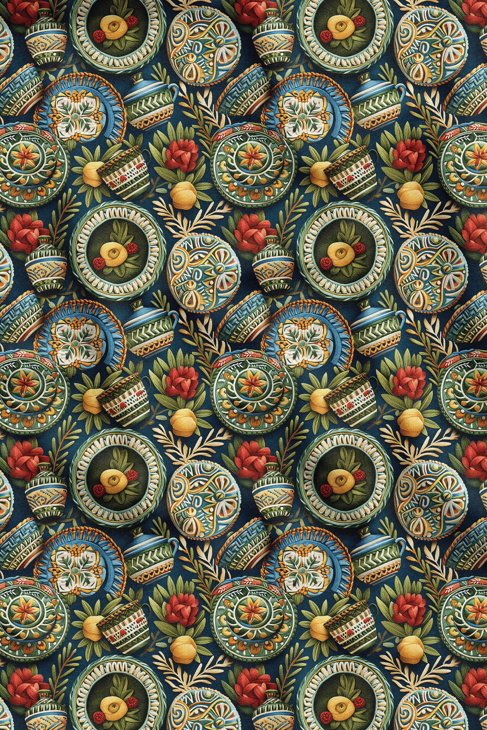 3D Çini Tabağı Desenli Dijital Baskılı Kumaş