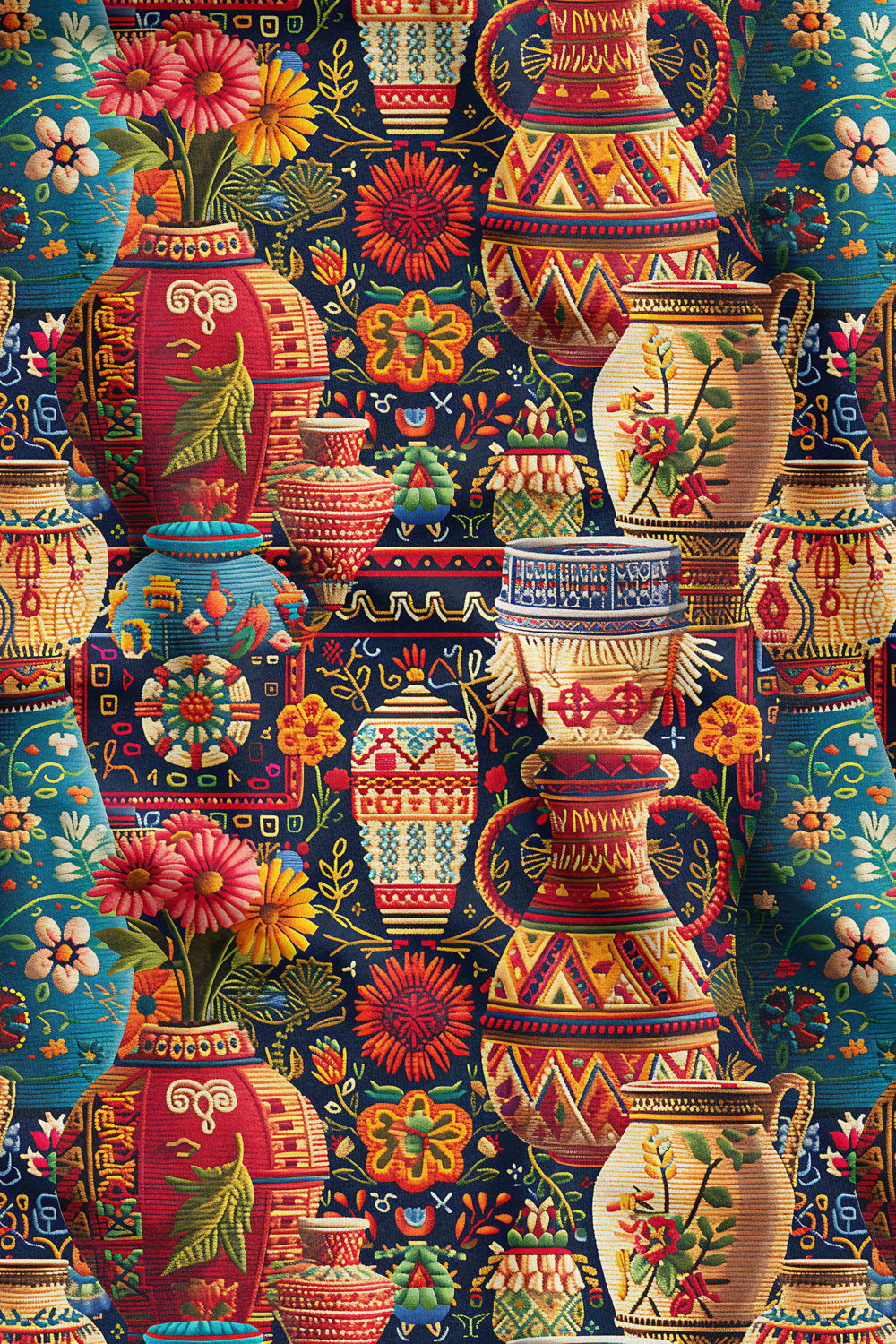 3D Etnik Vazo Desenli Dijital Baskılı Kumaş